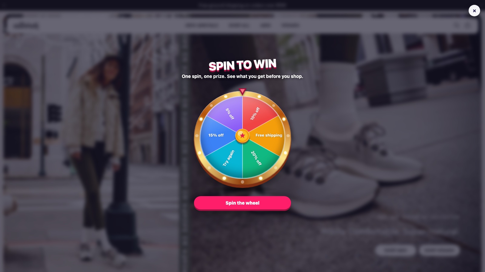 A spin-to-win wheel popup on a store page